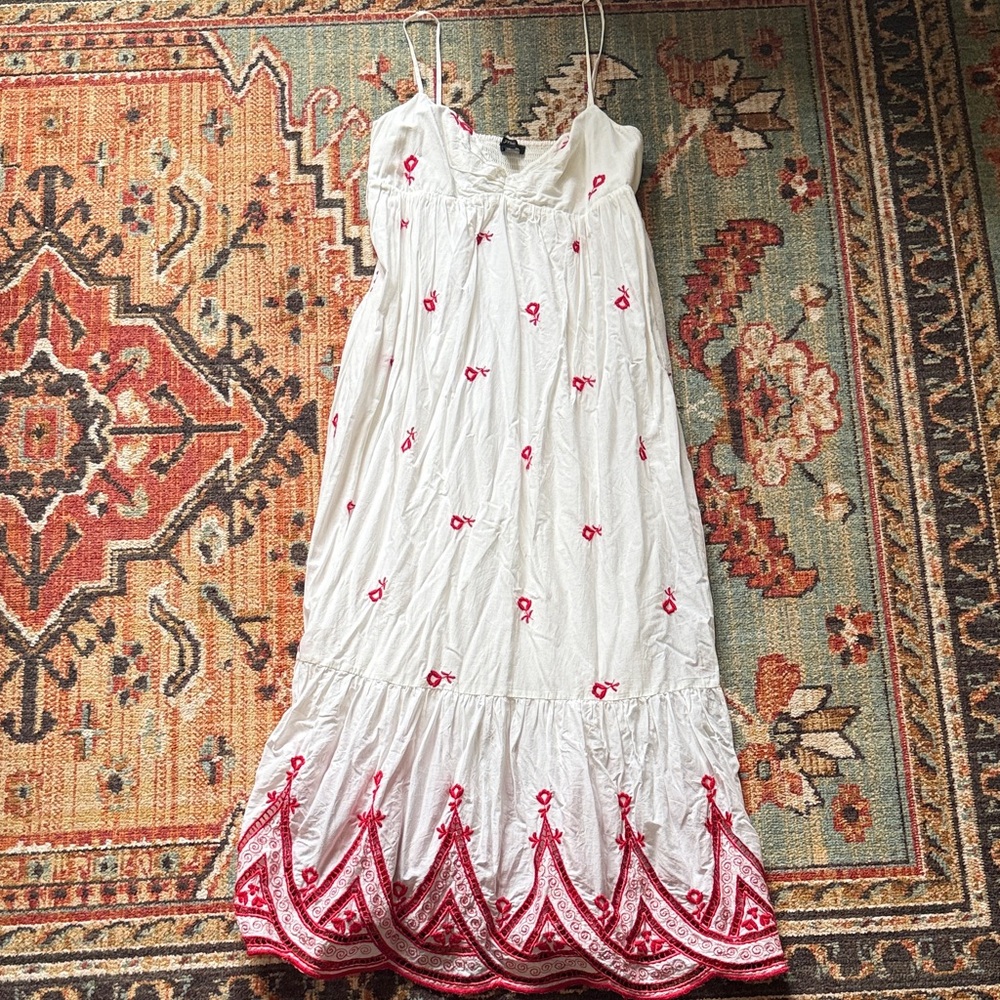 J. Crew White Maxi Dress with Red Embroidery